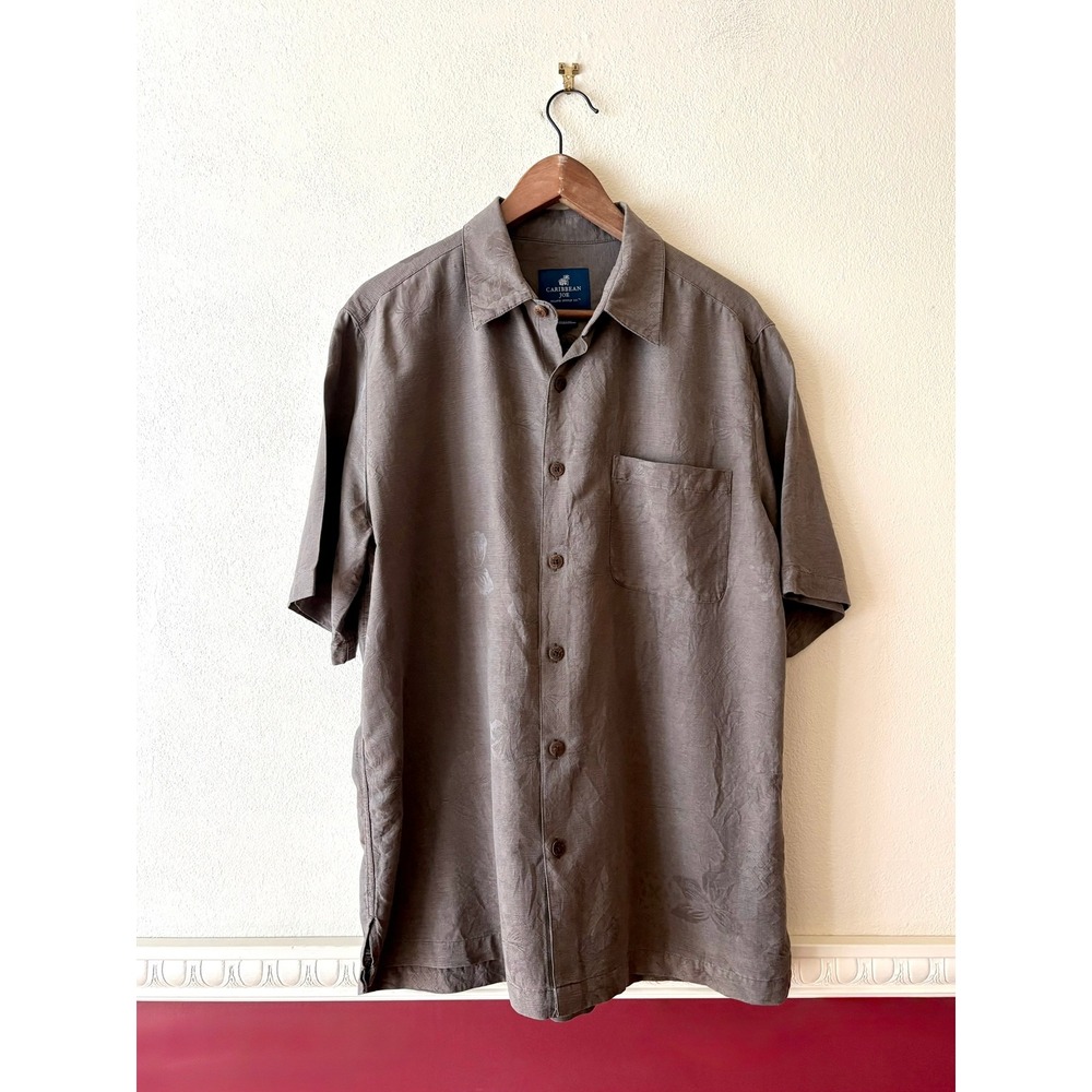 Caribbean Joe 100% Silk Shirt L Taupe Brown Tropical Jacquard Vintage Resortwear